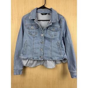 Du Jour Jacket Womens 6 Blue Denim Ruffle Peplum Button Front Short Layering